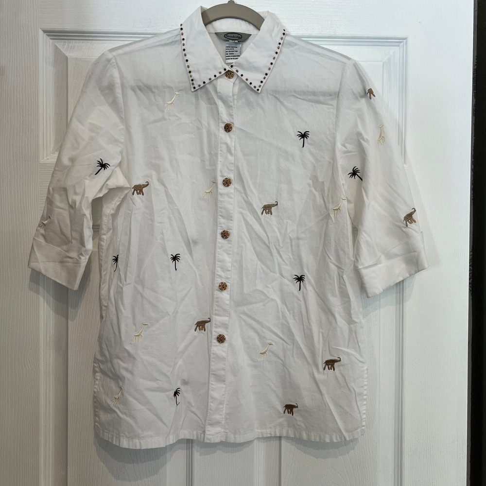 Stonebridge Button Down Shirt Cotton Safari Animal Embroidery Coastal Grandma PS